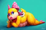 2018 accessory anthro biped blue_eyes bow_(feature) bow_accessory bow_ribbon bracelet centered_hair_bow clothing eyeshadow female footwear hair_accessory hair_bow hair_ribbon high_heels jewelry koopa koopaling lips looking_at_viewer lying makeup mario_bros mataknight necklace nintendo pink_lips reptile ribbons scales scalie shell shoes simple_background solo teal_background thick_lips wendy_o._koopa yellow_body yellow_scales yellow_skin
