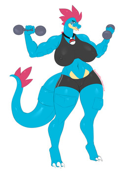 anthro big_breasts breasts clothed clothing collar exercise female looking_at_viewer muscular muscular_anthro muscular_female nipple_outline smile solo thick_thighs tongue tongue_out weightlifting workout kitsunewaffles-chan nintendo pokemon feraligatr generation_2_pokemon pokemon_(species) 2019 dated digital_media_(artwork) hi_res shaded