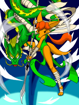 duo feral glaive melee_weapon polearm spear tail weapon wind i-am-that-japanesse mythology leana canid canine dragon fox mammal mythological_creature mythological_scalie scalie