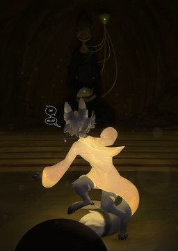ambiguous_gender anthro clothing dialogue digitigrade dipstick_tail duo dust_particles fur glowing glowing_clothing greeting grey_body grey_fur holding_object jewelry life_support linked_speech_bubble markings necklace paws robe speech_bubble surprised tail tail_markings talking_to_another text underground trigaroo kau_(trigaroo) posean 2026 colored comic digital_media_(artwork) digital_painting_(artwork) english_text hi_res painting_(artwork) shaded