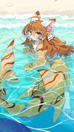 4_fingers 4_paws accessory anthro barefoot beach biped blue_highlights blue_markings blue_pawpads breasts brown_hair chest_tuft countershade_arms countershade_face countershade_feet countershade_hands countershade_neck countershade_tail countershade_torso countershading ear_markings eyewear feet female fin fingers glasses green_eyes hair hair_accessory highlights_(coloring) hip_fins looking_at_viewer looking_back looking_back_at_viewer lying markings multicolored_eyes non-mammal_breasts non-mammal_hair nude on_front open_mouth open_smile orange_body partially_submerged pawpads pink_eyes rear_view seashell shell shore smile solo stripes swimming tail tail_fin tuft two_tone_eyes water white_highlights white_markings unknown_artist potatoshark_(potatoximon) fish marine shark 2024 absurd_res colored hi_res shaded