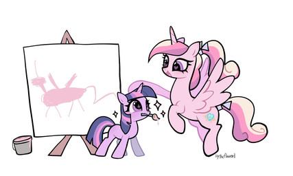 brush duo easel female feral horn paint paintbrush painting_art ribbons simple_background sparkles wings petaltwinkle friendship_is_magic hasbro my_little_pony mythology princess_cadance_(mlp) twilight_sparkle_(mlp) equid equine mammal mythological_creature mythological_equine unicorn winged_unicorn hi_res