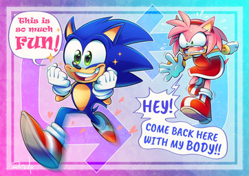 5_fingers angry anthro black_nose blush bodily_fluids body_swap clothing dialogue directional_arrow dress duo female fingers footwear gloves green_eyes handwear male open_mouth red_clothing red_dress red_footwear red_shoes running shoes simple_background smile sweat tail text white_clothing white_gloves white_handwear vaporotem sega sonic_the_hedgehog_(series) amy_rose sonic_the_hedgehog eulipotyphlan hedgehog mammal digital_media_(artwork) english_text hi_res