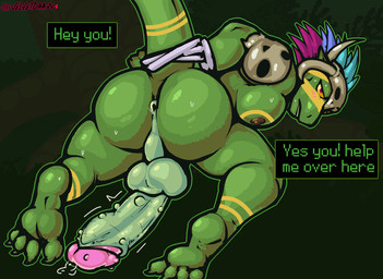 2_horns anthro anus arms_tied balls big_penis blush blush_lines bodily_fluids bone bone_mask bottomwear bound brown_bottomwear brown_clothing brown_loincloth butt clothing dripping ears_down erection feathers feet fungus genital_fluids genitals glans glans_play green_balls green_body green_penis green_scales hindpaw horn huge_penis humanoid_genitalia humanoid_penis leaking_precum loincloth male male/male markings mask multicolored_body multicolored_feathers muscular muscular_anthro muscular_arms muscular_male muscular_thighs mushroom nipples non-mammal_balls on_ground paws pecs penile penis pink_glans pivoted_ears precum precum_drip presenting presenting_anus presenting_hindquarters presenting_penis question_mark reptile_tail scales simple_background skull skull_accessory skull_mask solo symbol tail text throbbing throbbing_penis tribal tribal_markings vein veiny_penis yellow_eyes yellow_markings velvetdraw terraria shimmered_witch_doctor witch_doctor_(terraria) lihzahrd lizard lizardman reptile scalie 2025 detailed digital_drawing_(artwork) digital_media_(artwork) english_text hi_res shaded