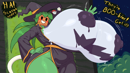 big_breasts black_eyes blush bodypaint breasts clothing dialogue exclamation_point exposed_breasts female for_a_head green_body hat headgear headwear holidays huge_breasts humor hyper hyper_breasts looking_at_viewer not_furry open_mouth painted_breasts plant pun question_mark robe solo speech_bubble text wide_hips witch_hat around_drum blaster_master halloween kanna_(blaster_master) elemental_creature elemental_humanoid flora_fauna humanoid 16:9 english_text hi_res widescreen