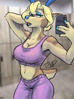 anthro antlers blonde_hair blue_antlers blue_eyes blue_eyeshadow blue_lips blue_nose bottomwear bra breasts clothed clothed_female clothing eyeshadow female hair horn lips locker_room makeup mature_female midriff navel pants solo sports_bra taking_picture taking_selfie underwear yoga_pants ravid_anml deltarune undertale_(series) carol_holiday deer mammal new_world_deer reindeer hi_res