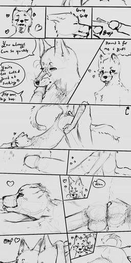 anal anal_penetration anthro bedroom_eyes blush bodily_fluids cum cum_in_mouth cum_inside cum_on_face cum_while_penetrated dialogue doggystyle duo ejaculation eye_contact face_lick fellatio from_behind_position genital_fluids genitals happy happy_sex heart_after_text heart_symbol hug hugging_another hugging_from_behind kissing licking licking_another looking_at_another looking_pleasured male male/male markings multiple_cumshots narrowed_eyes nuzzling oral penetration penile penis penis_lick removing_shirt romantic romantic_couple round_2 seductive sex side_view speech_bubble spots spotted_markings swallowing text tongue starlithe gold_evan_shade_(starlithe) ze_ze_ze_(starlithe) canid canine cheetah felid feline fox mammal absurd_res comic english_text guide_lines hi_res monochrome portrait sketch three-quarter_portrait