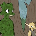1:1 2014 ambiguous_gender anthro athletic clothed clothing digital_media_(artwork) dirty duo forest fur furred_kobold furred_scalie green_body green_skin horn kobold lagotrope lizard male outline outside plant pupils reptile scalie shirt slit_pupils standing story story_at_source story_in_description tgchan topless topwear tree zizi_(lagotrope)