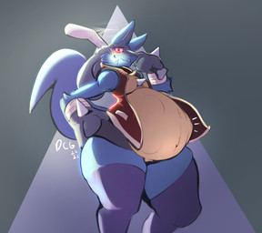 anthro anthro_pred baseball_bat bat_(object) belly big_belly big_breasts big_hands breasts clothing emanata female female_pred fully_inside geometric_background hand_on_hip jacket looking_at_viewer navel oral_vore red_eyes simple_background smoking solo thick_thighs topwear unseen_prey vore doncogneetoe nintendo pokemon generation_4_pokemon lucario pokemon_(species) absurd_res digital_media_(artwork) hi_res