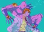 abstract_background belt blue_eyes clothed clothing duo footwear fully_clothed gloves hair handwear male necktie orange_hair pink_body red_eyes sandals shoes simple_background suit josukespimphand jojo's_bizarre_adventure killer_queen yoshikage_kira animal_humanoid cat_humanoid felid felid_humanoid feline feline_humanoid human humanoid mammal mammal_humanoid stand_(jjba) 2016 hi_res meme