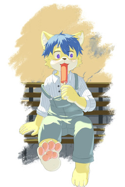4_toes anthro barefoot blue_hair blush bodily_fluids claws clothing eating eating_food feet finger_claws food fur hair happy holding_food holding_object holding_popsicle kemono male open_mouth overalls pawpads paws pink_pawpads plantigrade popsicle sitting soles solo sweat toe_claws toes topwear yellow_body yellow_fur henn_moolie species_request 2026 hi_res japanese_description
