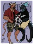 annoyed anthro bed blush claws clothed clothing facial_hair furniture group hooves horn hug lying male muscular muscular_male spikes stripes tail wings 1ceberg mythology jordan_(1ceberg) tom_(1ceberg) angel_dragon bovid bovine dragon mammal mythological_creature mythological_scalie scalie absurd_res hi_res