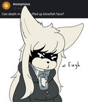 anthro ask_blog big_ears black_clothing breasts chain clothed clothing collar dialogue female fur hair hoodie inner_ear_fluff looking_at_viewer metal_collar puffed_cheeks shadowed_eyes solo text topwear tuft white_body white_fur conditional_dnp whitev death_(whitev) canid canine mammal 2023 hi_res