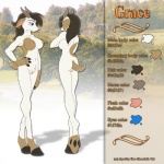 anthro big_breasts blue_eyes breasts brown_body brown_fur brown_hair butt ear_piercing female fur genitals hair hooves horn long_hair nipples piercing profile pussy solo text white_body white_fur spotty_the_cheetah grace_(spotty_the_cheetah) bovid caprine goat mammal 1:1 2008 english_text model_sheet