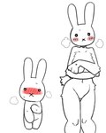 anthro blush blush_lines bodily_fluids covering covering_self embarrassed female fur kemono loli looking_at_viewer mouthless nude simple_background size_difference solo sweat tail white_background white_body young young_anthro young_female pizademokttero miffy lagomorph leporid mammal rabbit digital_media_(artwork) hi_res