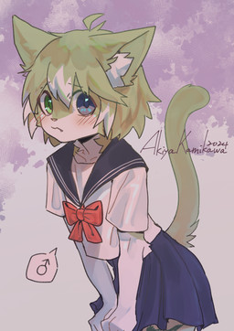 adolescent anthro blue_eyes bottomwear clothed clothing crossdressing crossdressing_male embarrassed femboy gender_symbol green_eyes heterochromia kemono looking_at_viewer male male_symbol pointy_ears ribbons school_uniform skirt slim slim_anthro slim_male solo symbol tail uniform young young_anthro young_male akiya_kamikawa domestic_cat felid feline felis mammal 2024 hi_res signature