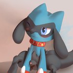 anthro arms_down blue_body blue_eyes blush bodily_fluids collar cum cum_drip dripping fusion genital_fluids genitals head_tilt male penis pokemon_fusion retractable_dick sitting solo tail young rioni nintendo pokemon generation_4_pokemon pokemon_(species) riolu hi_res warm_colors