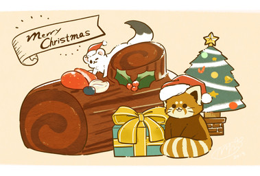 ambiguous_gender biped box brown_body brown_fur chibi christmas_tree clothing container duo feral fur hat headgear headwear holidays one_eye_closed plant sitting text tree white_body white_fur wink shi_nominmin christmas santa_claus ailurid mammal mustelid musteline red_panda stoat true_musteline weasel 2019 hi_res