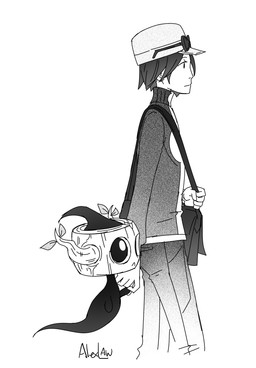 ambiguous_gender bag black_body clothed clothing duo eyewear eyewear_on_head feral hand_holding hat headgear headwear male satchel simple_background sunglasses sunglasses_on_head tree_stump wearing_sunglasses white_background alex_law nintendo pokemon calem_(pokemon) generation_6_pokemon ghost human mammal phantump pokemon_(species) spirit greyscale hi_res monochrome signature