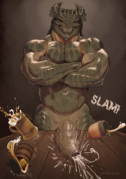 alcohol anthro beverage biceps big_penis bodily_fluids claws crossed_arms deltoids erection foreskin genital_fluids genitals horn huge_penis humanoid_genitalia humanoid_penis long_foreskin looking_at_viewer male muscular muscular_anthro muscular_male navel nude pecs penis precum red_eyes simple_background solo standing unretracted_foreskin banana_da_boi dungeons_and_dragons hasbro wizards_of_the_coast drogoroth dragonborn_(dnd) scalie digital_drawing_(artwork) digital_media_(artwork) hi_res