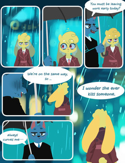 anthro clothed clothing coat comic_panel dialogue duo female fur grey_body grey_fur ignoring_another male male/female necktie raining red_eyes text tired_eyes topwear trenchcoat umbrella wet wet_clothing yellow_body yellow_fur hydrabb canid canine canis lagomorph leporid mammal rabbit wolf comic digital_media_(artwork) english_text hi_res
