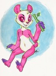 anthro bamboo bamboo_stick black_outline claws female fur happy looking_at_viewer outline paws pink_body pink_eyes pink_fur solo opiumrevolution bear giant_panda mammal full-length_portrait hi_res marker_(artwork) portrait traditional_media_(artwork)