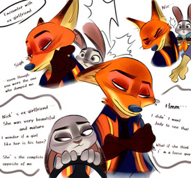 anthro anthro_on_anthro beverage brown_body brown_fur clothed clothing face_slap female fur grey_body grey_fur interspecies looking_down male male/female mostly_offscreen_character multicolored_body multicolored_fur narrowed_eyes orange_body orange_fur simple_background slap tan_body tan_fur text thought_bubble topwear vest white_background nibkman0304 disney zootopia judy_hopps nick_wilde canid canine european_rabbit fox lagomorph leporid mammal oryctolagus rabbit red_fox true_fox english_text hi_res