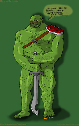 abs armor beard biceps blush bodily_fluids convenient_censorship embarrassed facial_hair green_body green_skin hairy harness looking_at_viewer male melee_weapon muscular muscular_humanoid muscular_male nipple_piercing nipples not_furry nude pecs piercing shaking shivering solo sweat sweatdrop sword teeth text tusks weapon alexyorim humanoid orc 2013 5:8 censored english_text green_theme hi_res url