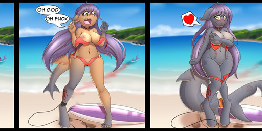 :3 anthro base_one_layout basic_sequence beach bikini bikini_bottom bikini_top blood bodily_fluids breast_expansion breasts camel_toe clothing duo expansion female female_focus genitals green_eyes growth hair heart_symbol human_to_anthro humor linear_sequence long_hair navel nipples non-mammal_breasts one_row_layout outside purple_hair seaside smile solo_focus species_transformation swimwear tail tail_growth three_frame_image three_frame_sequence torn_clothing transformation transformation_sequence two-piece_swimsuit vulva wounded yellow_eyes scramjet747 aquatic fish human mammal shark sequence