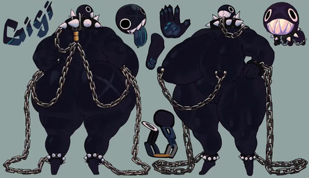 5_fingers accessory anthro areola armband big_breasts biped black_body breasts chain chibi claws collar feet female fingers front_view genitals hand_on_hip huge_breasts huge_thighs hyper hyper_breasts monotone_body nipple_piercing nipples not_furry nude nude_female overweight pawpads paws piercing scar sharp_teeth simple_background simple_eyes small_head solo spiked_armband spiked_collar spikes standing teeth thick_thighs vulva wide_hips thecoatl034 mario_bros nintendo gigi_(thecoatl034) canid canine canis chain_chomp domestic_dog humanoid mammal animated model_sheet no_sound short_playtime webm