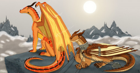ambiguous_gender cloud detailed_background duo feral horn looking_at_another looking_back lying mountain orange_body orange_scales quadruped restrained scales sitting sun tail wings wisemans european_mythology mythology wings_of_fire clay_(wof) peril_(wof) dragon mudwing_(wof) mythological_creature mythological_scalie scalie skywing_(wof) western_dragon 2017 signature