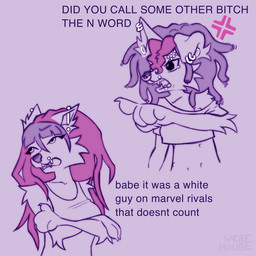 anthro bangs black_coded clothed clothing crossed_arms curly_hair dreadlocks duo ear_piercing eyebrow_piercing facial_piercing female flesh_tunnel gesture hair hand_gesture industrial_piercing lip_piercing multiple_piercings nose_piercing off_shoulder piercing pointing profanity purple_background racial_slur red_hair septum_piercing shirt simple_background tank_top text topwear werehouse lobo_(werehouse) wolfgang_(werehouse) canid canine canis domestic_dog mammal wolf 1:1 english_text