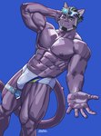 abs anthro bulge clothing eyewear male muscular muscular_anthro muscular_male nipples one_eye_closed pecs solo speedo sunglasses swimwear thigh_strap wink natsunouro lifewonders live_a_hero tsuneaki domestic_cat felid feline felis mammal hi_res