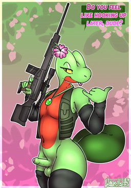 2_tails anthro arm_warmers armwear belly bottomless bottomless_anthro bottomless_male clothed clothing erection femboy genitals green_body gun head_flower holding_gun holding_object holding_ranged_weapon holding_weapon humanoid_genitalia humanoid_penis jewelry legwear looking_at_viewer male multi_tail multicolored_body necklace open_clothing open_topwear open_vest penis pokemorph ranged_weapon red_belly rifle sniper_rifle solo standing stockings tail talking_to_viewer tongue tongue_out topwear vest weapon wide_hips yellow_eyes wingedwilly nintendo pokemon fan_character fern_shinamori generation_3_pokemon pokemon_(species) treecko absurd_res hi_res
