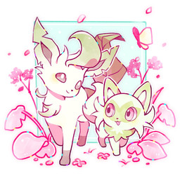 ambiguous_gender brown_eyes duo eye_contact feral flower fur grass green_body green_fur looking_at_another open_mouth petals pink_eyes plant simple_background size_difference smile tail tan_body tan_fur w0ntbe nintendo pokemon arthropod butterfly eeveelution felid feline generation_4_pokemon generation_9_pokemon insect leafeon lepidopteran mammal pokemon_(species) sprigatito 2026 hi_res