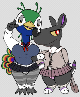 anthro backpack beak bedroom_eyes black_body blue_body blue_feathers breasts clothing duo feathers female female/female gesture green_body green_feathers hand_gesture leg_warmers legwear locked_arms narrowed_eyes panties pink_clothing pink_panties pink_underwear school_uniform seductive short_legs shortstack shortstack_female sweater thick_thighs topwear underwear uniform v_sign white_clothing white_panties white_underwear berifakku animal_crossing nintendo julia_(animal_crossing) mathilda_(animal_crossing) avian bird galliform macropod mammal marsupial peafowl phasianid
