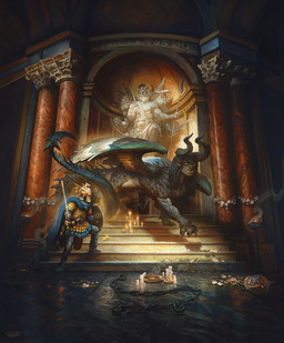 ambiguous_gender armor black_hair blue_cape blue_clothing candle cape chain chainmail claws clothing column duo feathered_wings feathers feral fire hair headgear helmet holding_melee_weapon holding_object holding_shield holding_sword holding_weapon horn male melee_weapon quadruped scales sculpture shield stairs standing statue sword tail vase weapon wings justin_gerard mythology dragon human mammal mythological_creature mythological_scalie scalie 2022 absurd_res hi_res