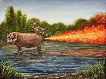 ambiguous_gender body_of_water detailed_background duo fart feral fire fire_fart forest forest_background grass nature nature_background plant pond quadruped sky sparkler text tree water wet travis_chapman common_hippopotamus hippopotamid mammal procyonid raccoon acrylic_painting_(artwork) artist_name hi_res painting_(artwork) traditional_media_(artwork) traditional_painting_(artwork)