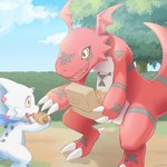 anthro black_claws bread claws duo eating eye_contact food looking_at_another male red_body sharing size_difference white_body yellow_eyes sansyonoki64 bandai_namco digimon digimon_ghost_game digimon_(species) gammamon guilmon 1:1