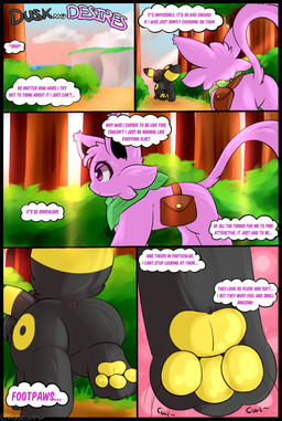 ambiguous_gender anus bag duo feet feral foot_fetish foot_focus green_scarf hindpaw motion_onomatopoeia onomatopoeia pawpads paws scarf sound_effects text thought_bubble rockii nintendo pokemon eeveelution espeon generation_2_pokemon pokemon_(species) umbreon comic english_text hi_res female_(lore) male_(lore)