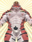 abs anthro asian_clothing biceps bulge clothing crown east_asian_clothing eyebrows fundoshi fur headgear japanese_clothing male muscular muscular_anthro muscular_male navel pecs pubes red_body red_fur solo striped_body striped_fur stripes thick_eyebrows underwear fug@9 crave_saga yata_no_kagami_(crave_saga) felid mammal pantherine tiger 3:4