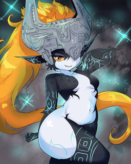 breasts female glowing glowing_markings hair humanoid_pointy_ears long_hair looking_at_viewer markings mask navel nude one_eye_obstructed pointy_ears pose red_eyes smile solo star wearing_mask yellow_sclera silvermaster nintendo the_legend_of_zelda twilight_princess midna humanoid imp twili hi_res signature