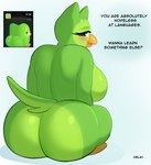 anthro big_breasts big_butt blue_eyes blush breasts butt eyelashes female green_body huge_butt inviting looking_at_viewer looking_back looking_back_at_viewer mascot nude rear_view seductive sitting smile solo text delki duolingo duo_(duolingo) avian bird owl english_text hi_res