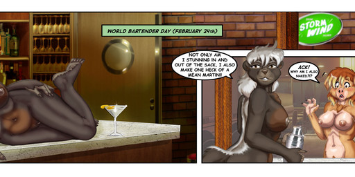 anthro bar barely_visible_genitalia barely_visible_vulva beverage big_breasts breasts brown_eyes chest_tuft cocktail_glass cocktail_shaker container cup dark_body dialogue drinking_glass duo embarrassed erect_nipples female genitals glass glass_container glass_cup hair hand_on_hip holding_beverage holding_object holding_tray looking_at_viewer lying multicolored_body multicolored_hair nipples nude nude_anthro nude_female on_counter on_side stripes text tuft two_tone_body vulva white_hair style_wager brave_new_world_(style_wager) world_bartender_day rosa_tamworth yasmin badger domestic_pig honey_badger mammal mustelid musteline suid suine sus_(pig) 2022 comic english_text hi_res