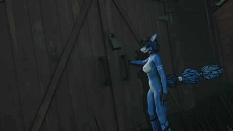 anthro blue_body blue_fur blue_hair farm female fur hair lock nude outside solo blue_does_stuff nintendo star_fox krystal_(star_fox) canid canine fox mammal 16:9 4k absurd_res hi_res widescreen