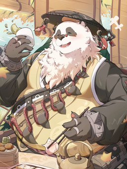 anthro asian_clothing beverage black_body black_fur blush chinese_clothing chinese_food chopsticks clothing container cup detailed_background east_asian_clothing eating eyes_closed fur headgear headwear holding_chopsticks holding_container holding_cup holding_object holding_tea_cup male overweight overweight_male plant ring shirt sky solo tea tea_cup teapot topwear tree white_body white_fur wok yellow_clothing yellow_shirt yellow_topwear littlejimmy1218 mihoyo zenless_zone_zero pan_yinhu bear giant_panda mammal thiren 2025 3:4 hi_res
