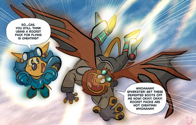 anthro armor back_wings blue_armor boots clothing duo eyewear eyewear_on_head flying footwear goggles goggles_on_head jet_pack male male/male rocket_boots shoes speech_bubble text wings joesanchez konami rocket_knight_adventures casandro sparkster american_opossum chimera felid lion mammal marsupial pantherine english_text hi_res