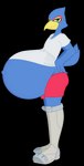 anthro belly belly_overhang big_belly blue_body blue_fur blue_tail bottomwear bulge clothing fur green_eyes grey_clothing grey_legwear hand_on_hip huge_belly legwear looking_at_viewer male navel outie_navel pregnant pregnant_anthro pregnant_male red_bottomwear red_clothing red_shorts shirt shorts simple_background smile smug_grin solo tail topwear transparent_background white_clothing white_shirt white_topwear corgisdie nintendo star_fox falco_lombardi avian bird falcon falconid 2022 alpha_channel flat_colors hi_res