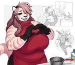 anthro big_breasts biped black_claws breasts brown_hair claws clothing cooking female female_anthro finger_claws fur gesture hair heart_gesture huge_breasts long_hair open_mouth open_smile red_clothing red_sweater red_topwear smile solo striped_body striped_fur stripes sweater topwear iriedono felid mammal pantherine tiger 2024 digital_media_(artwork)