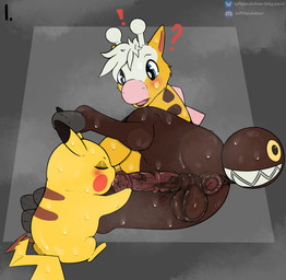anal animal_genitalia anus balls blush bodily_fluids butt duo erection feral fur genital_fluids genitals hair horn living_tail male male/male musk nude open_mouth penis sex simple_background sweat tail tail_head tail_mouth thick_thighs tongue unusual_anatomy unusual_tail white_body white_fur yellow_body yellow_fur softpandabear nintendo pokemon generation_1_pokemon generation_2_pokemon girafarig giraffid mammal pikachu pokemon_(species) rodent absurd_res digital_media_(artwork) hi_res